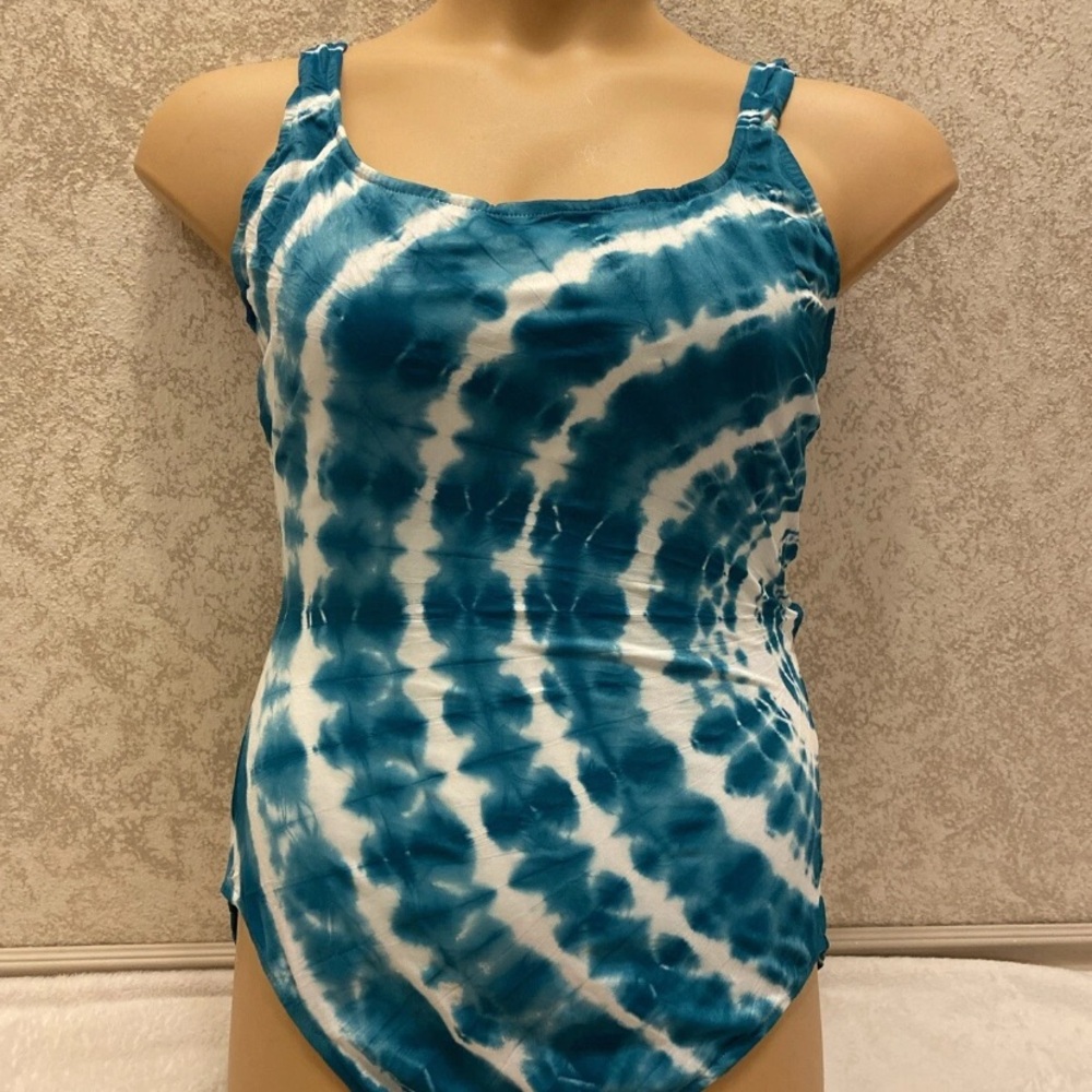 Pacific Connections Teal Green and White Tie-Dye One Piece Swimsuit